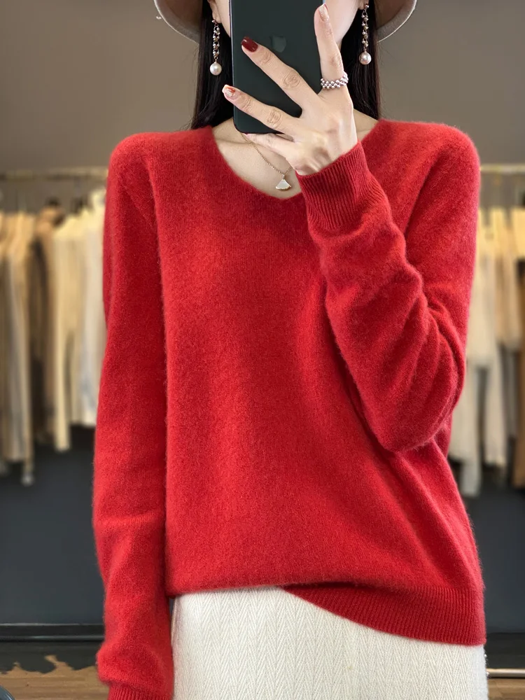 Fashion100% Merino Wool Sweater Cashmere Pullover Women Knitwear V-Neck Long Sleeve Autumn Winter Fashion Basic Clothing Tops - Image 5