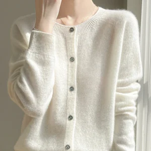 Women 100% Merino Wool Cardigan Soft O-Neck Cashmere Sweater OL Buttoned Knitwear Casual Top Clothing Korean Style