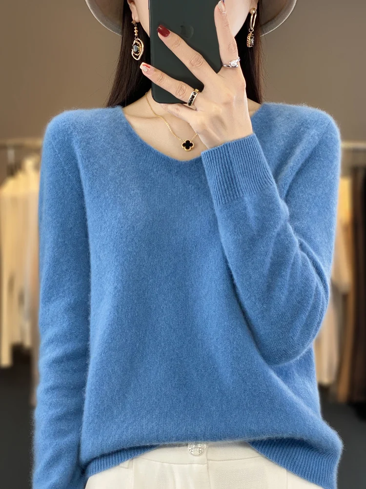 Fashion100% Merino Wool Sweater Cashmere Pullover Women Knitwear V-Neck Long Sleeve Autumn Winter Fashion Basic Clothing Tops - Image 4