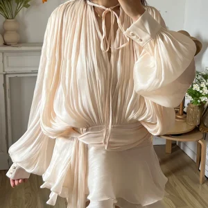 TWOTWINSTYLE Solid Blouse Mini Dresses For Women V Neck Long Sleeve Spliced Lace Up Sweet Style Dress Female Clothing Fashion