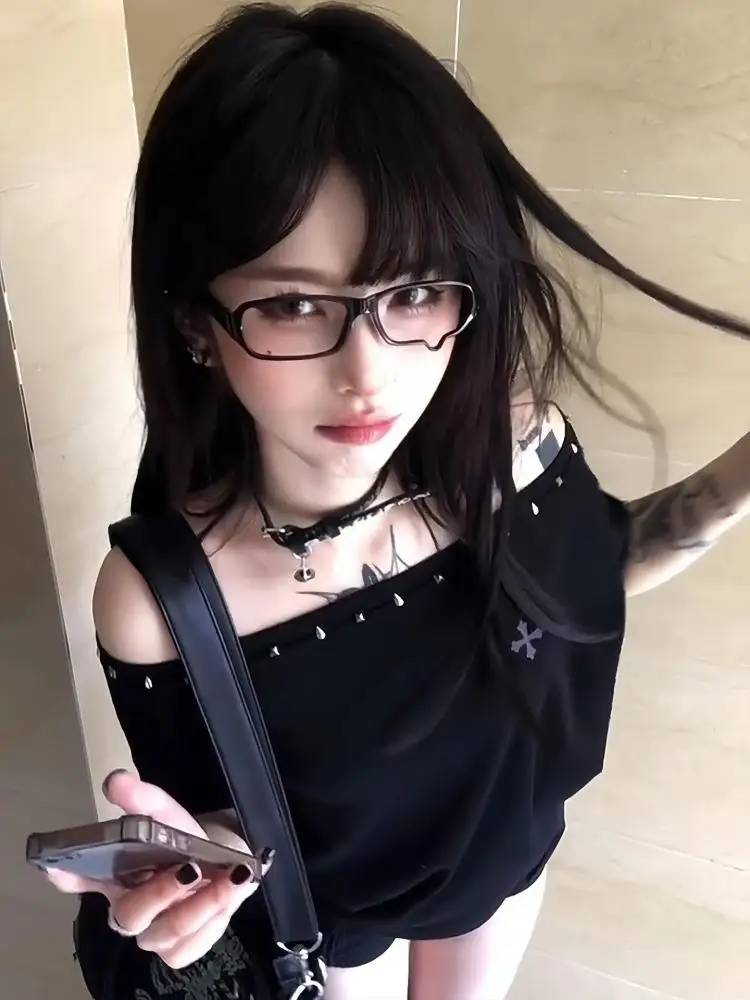 Seeslim Black Off Shoulder Cross Women's T-shirt Short Sleeve 2000s Clothes Y2k Summer Tops Tees Female Clothing Chic Vintage - Image 3