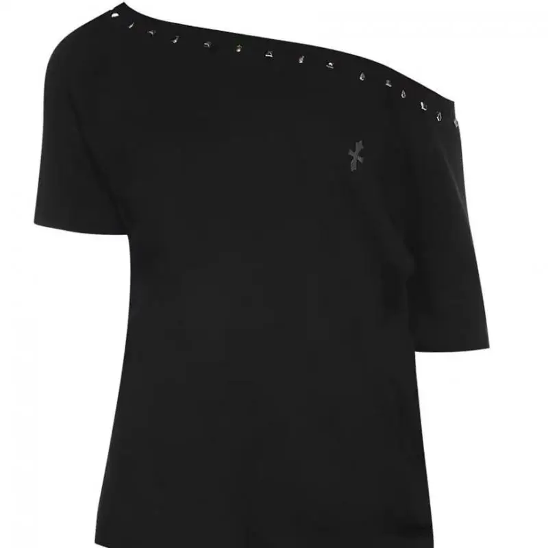 Seeslim Black Off Shoulder Cross Women's T-shirt Short Sleeve 2000s Clothes Y2k Summer Tops Tees Female Clothing Chic Vintage - Image 6