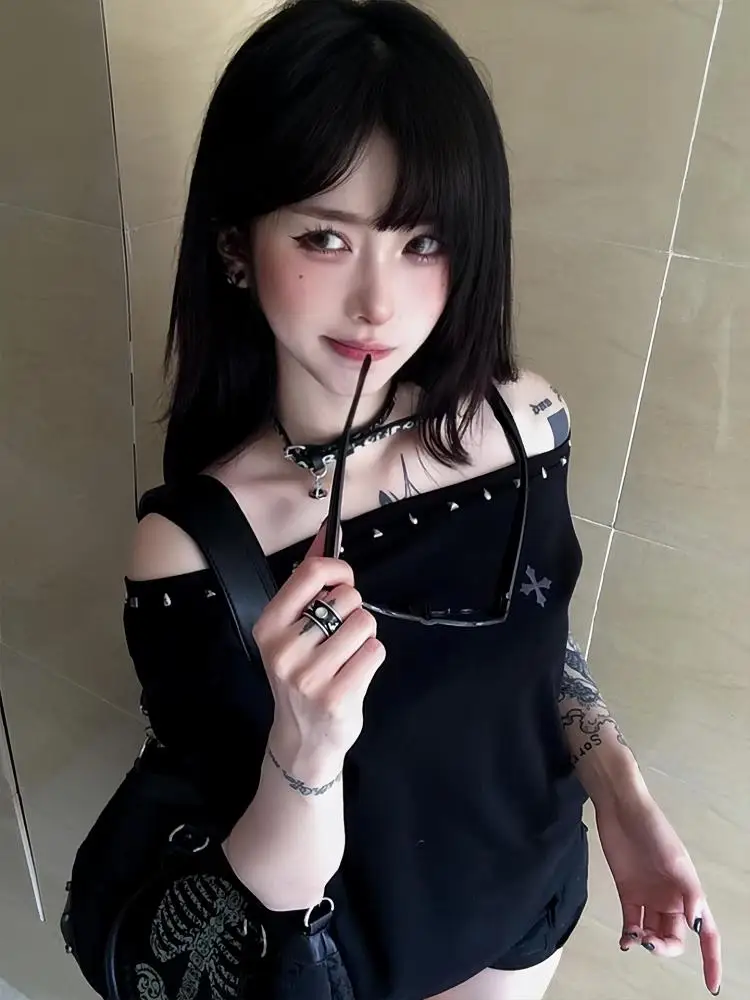 Seeslim Black Off Shoulder Cross Women's T-shirt Short Sleeve 2000s Clothes Y2k Summer Tops Tees Female Clothing Chic Vintage - Image 4