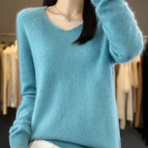 Fashion100% Merino Wool Sweater Cashmere Pullover Women Knitwear V-Neck Long Sleeve Autumn Winter Fashion Basic Clothing Tops