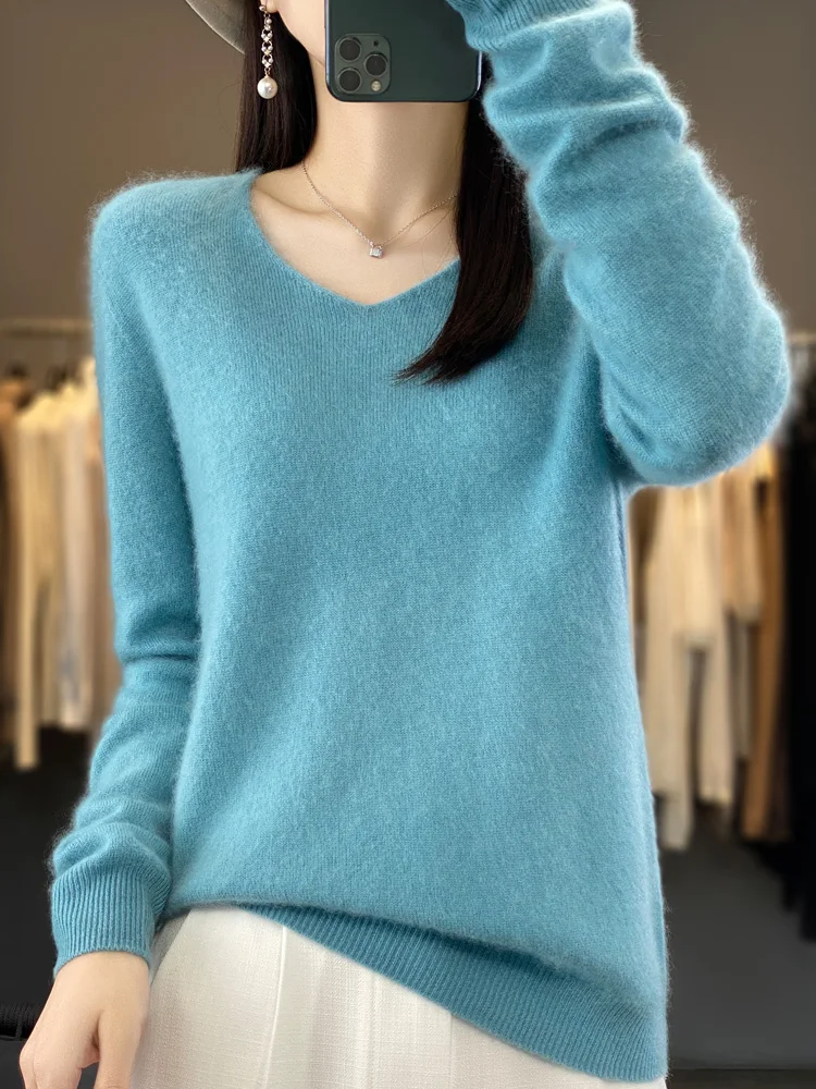 Fashion100% Merino Wool Sweater Cashmere Pullover Women Knitwear V-Neck Long Sleeve Autumn Winter Fashion Basic Clothing Tops