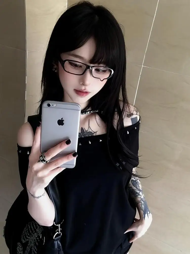 Seeslim Black Off Shoulder Cross Women's T-shirt Short Sleeve 2000s Clothes Y2k Summer Tops Tees Female Clothing Chic Vintage - Image 2