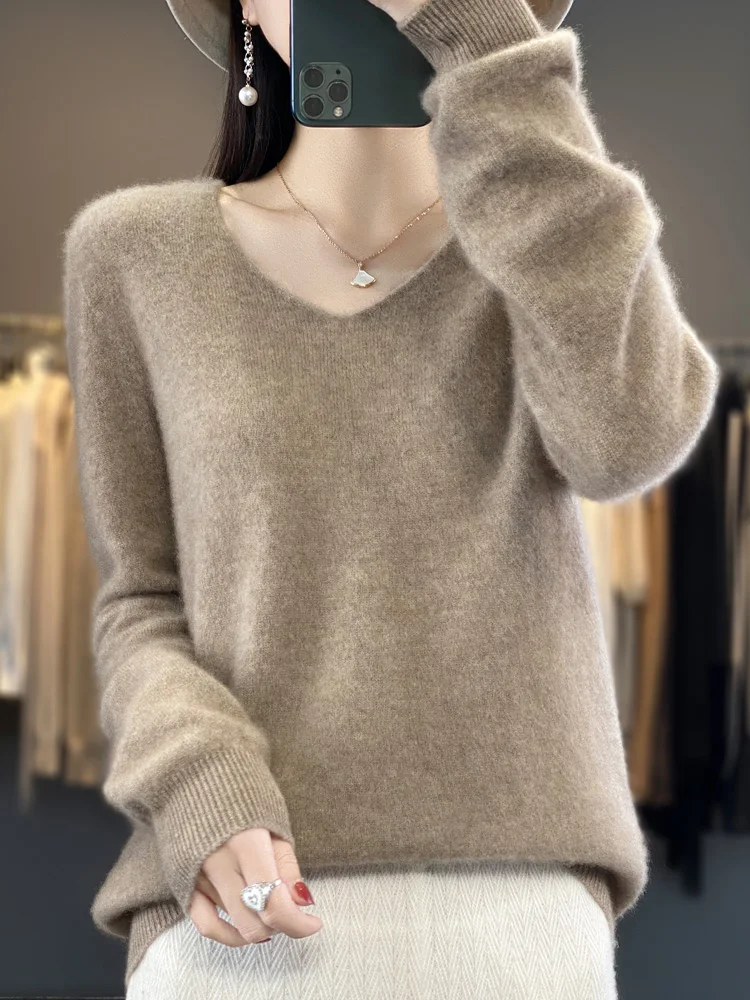 Fashion100% Merino Wool Sweater Cashmere Pullover Women Knitwear V-Neck Long Sleeve Autumn Winter Fashion Basic Clothing Tops - Image 3